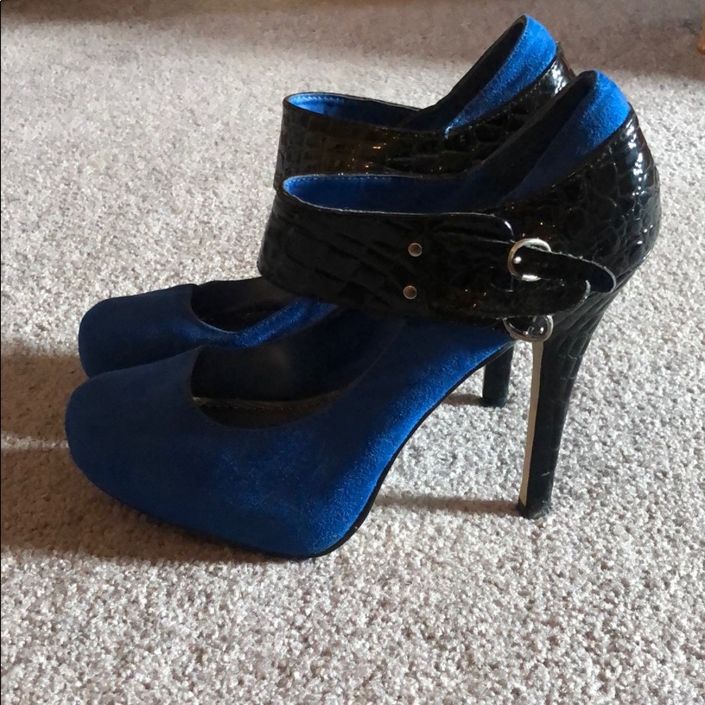 Blue faux suede heals with black buckle strap